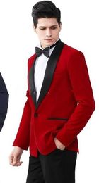 New Fashionable One Button Red Velvet Wedding Groom Tuxedos Shawl Lapel Groomsmen Men Suits Prom Blazer (Jacket+Pants+Tie) 057