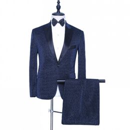 New Arrival Men Suits Shiny Navy Blue Groom Tuxedos Peak Lapel Groomsmen Wedding Best Man 2 Pieces ( Jacket+Pants+Tie ) L542