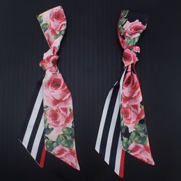 110cm7cm silk scarf new rose flower stripe doublesided silk scarves for woman female tied bag ribbon hair band