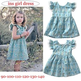 Ins Girls Flying Short Sleeves Dress Baby Girls Peacock Hair Printed Princess Skirt 2018 New Style Kids Summer Dresses Clothes