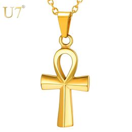 U7 Small Egyptian Ankh Crucifix Necklaces & Pendants Gold Color Stainless Steel Cross Necklace For Men Hip Hop Jewelry P1230