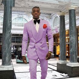 Lavender Men Wedding Tuxedos Embossing Groom Tuxedos Double-Breasted Men Blazer 2 Piece Suit Prom/Dinner Jacket (Jacket+Pants+Tie) 1681