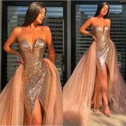 Pink Glitter A Line Evening Dresses Sexy Strapless Sleeveless High-split Sequins Prom Dress Ruched Sweep Train Formal Party Gowns Hot Sell
