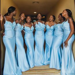 2020 African Mermaid Bridesmaid Dresses Spaghetti Straps Beaded Satin Maid Of Honour Gowns Appliques Wedding Guest Dress