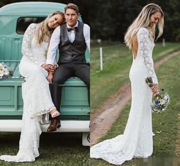 2020 Full Lace Mermaid Wedding Dresses Long Sleeves Sexy Backless Sweep Train Jewel Neck Plus Size Country Wedding Gown robe de mariée