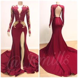 Sexual Burgundy Long Sleeves Prom Evening Dress Gold Appliques Back Open Women Mermaid Sheer Prom Maxi Gowns Leg Split Black Skin Good Dress