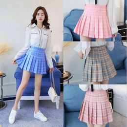 Kawaii Girls Japanese Style High Waist Plaid Chest Pleated Skirt Cute Lolita Mini Short Skirts Uniforms School Tartan Pink Blue