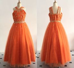 Sparkly Coral Beaded Rhinestones Little Girls Pageant Dresses Halter Backless Tulle Princess Graduation Dress Kids Toddler Flower Girl Dress