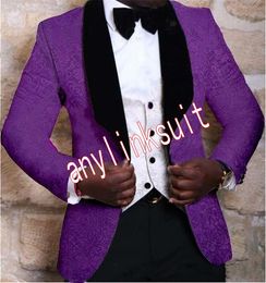 Latest Design One Button Purple Paisley Wedding Men Suits Shawl Lapel Three Pieces Business Groom Tuxedos (Jacket+Pants+Vest+Tie) W1130