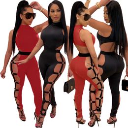 Sexy Women club wear Jumpsuits Sexy hollow out slim Rompers casual sleeveless solid color overalls one Piece Pants night club wearing 2051