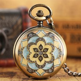 Luxury Retro Watches Bronze Unique Flower Design Hand Wind Mechanical Pocket Watch Steampunk Skeleton Vintage Pendant Chain