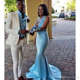 Light New Sky Blue Mermaid Prom Dresses Deep V Neck Sweep Strain Lace Applique Black Girl Formal Evening Dress Beaded Party Gowns