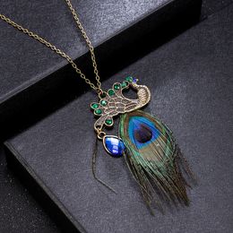 Lightrain Peacock Feather Ethnic Style Pendant Necklace Vintage Bronze Chain Statement Necklace Handmade Jewelry Gifts