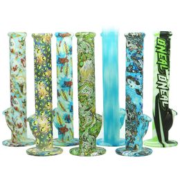 Hookahs Glow in dark and Printed Colorful Silicone Pipes Dab Rig 14'' Height Beaker Bong with Glass Bowl