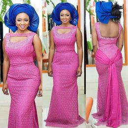 Aso Ebi Fuchsia Prom Dresses Plus Size Lace Mermaid Evening Gowns Beaded Backless Ribbon Sash African Women Party Dress Custom Made