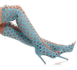 Sexy Peep Toe над коленом Гладиатор Boots Синий / черный / красный Кожа PU женщин Высокие каблуки летние пинетки высокие сапоги