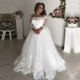 2020 Elegant 3/4 Sleeves Lace Tulle A-Line Plus Size Wedding Dresses crew backless Bridal Gown Celebrity vestido De Noiva robe de mariee