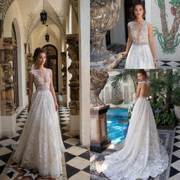 2019 Elegant Sheer Cap Sleeves Lace A Line Wedding Dresses Applique Beaded Seen Through Back Sweep Train Wedding Bridal Gowns With Buttons