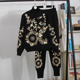 New women's o-neck long sleeve knitted luxury paillette sequined shinny baroque floral pattern sweater top and harem long pants set