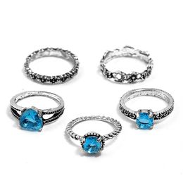 Wholesale-Explosive European and American Jewellery retro diamond-inlaid carved heart-shaped star gemstone five-piece set ring
