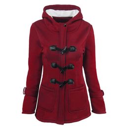 Women Hooded Cotton Blend Coat Classic Cow Horn Leather Button Coat Jacket Overcoat Zipper Hooded Coat