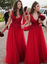 Red Bridesmaid Dresses Long A-Line Lace Appliques Sashes Floor Length Cheap Maid Of Honor Dress Prom Dress Wedding Guest Gowns