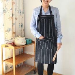 Black White Striped Cotton Linen Fabric with Adjustable Shoulder Strap Home Kitchen Adult Apron 1223679