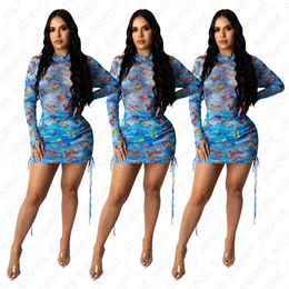 Women Bodycon Dresses Long Sleeve Dress Short Skirts Trendy Transparent Mesh Strap Sexy Butterfly Full Printed Dresses Clothes S-XL D41001