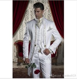 Fashion One Button White Embroidery Groom Tuxedos Stand Collar Men Suits 3 pieces Wedding Prom Blazer (Jacket+Pants+Vest) W485