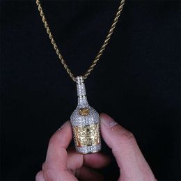 Fashion-Whisky bottle pendant necklaces for men women luxury diamonds wine bottle pendants 18k gold plated copper zircons chain necklace