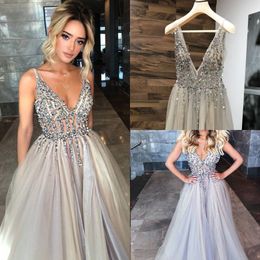 Silver Sexy Open Back Prom Dresses Deep V-neck Straps Long Tulle Sparkly Beading Slit Prom Gowns A-line Formal Evening Dress