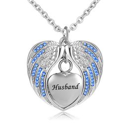 Husband Angel Wing Urn Necklace for Ashes Cremation Memorial Stainless Steel Heart Keepsake Birthstone crystal Pendant Necklace Jewellery
