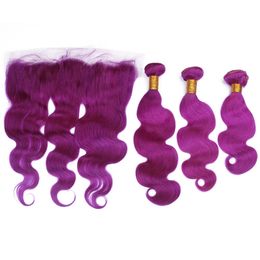 Body Wave Pure Purple Ear to Ear 13x4 Full Lace Frontal Closure with Virgin Hair Wefts Purple Coloured Malaysian Human Hair Weave Bundles