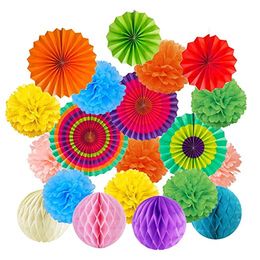 19Pcs/Set Rainbow Hanging Decorations Set Paper Fans Tissue Paper Pom Poms Flower and Honeycomb Balls for Birthday Party Wedding baby boy