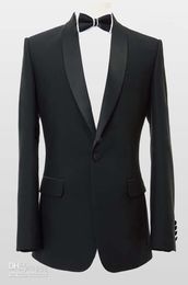 New Hot Selling Black One button Satin Lapel Groom Tuxedos Groomsmen Men Wedding Blazer Dress Suits (Jacket+Pants+Girdle+Tie) 1404