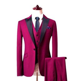 One Button Groomsmen Hot Pink Groom Tuxedos Peak Black Lapel Men Suits Wedding Best Man Bridegroom (Jacket + Pants + Vest) L232