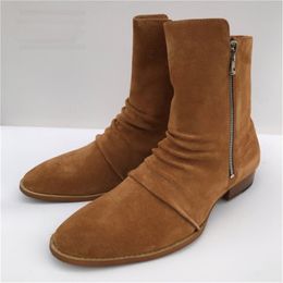 Black& Street Pointed Toe personalized Pleated Suede Leather England Wyatt Harry Denim Boots Banquet Boots