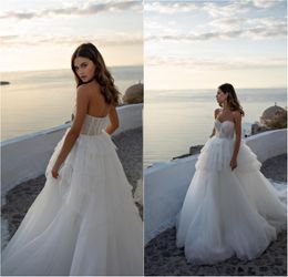 Ricca Sposa Beads Tiered Wedding Dresses Pearls Sweetheart Ruffles Beach Bridal Gowns Backless Sweep Train Dress