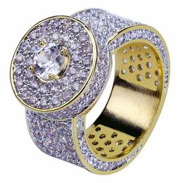 18K Gold Plated CZ Cubic Zircon Iced Out Round Ring Band Full Diamond Hip Hop Wedding Ring Rapper Jewelry Gifts for Men and Boys Wholesale