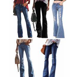 Women Vintage Hole ripped jeans bell bottoms Fit Flare Bootcut wide leg Washed Denim Trousers denim pants Maternity Bottoms LJJA2615