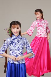 Chinese tang suit women Traditional ethnic clothing Top+Skirt sets stand collar oriental elegant costume classical stage wear