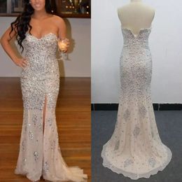 Luxury 2019 Heavy Beaded Evening Dresses Real Images Sweetheart Neckline Side Split Mermaid Silver Diamonds Champagne Chiffon Prom Dresses