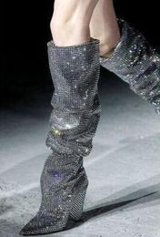Fashion Brand Women Boots Niki Slouch Crystal-Embellished Leather Knee High Booties Cone Heels Diamonds Pointed Toe Runway Shoes