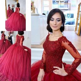 Dark Red Ball Gown Evening Gowns Long Sleeves Lace Applique Tiered Tulle Sweet 16 Quinceanera Prom Dresses vestidos de quinceanera