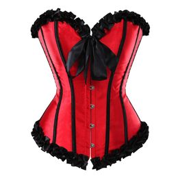 Women Multicolor Burlesque S-XXL Pleated Ruffle Trim Overbust Corset Lingerie with Satin Bow Top Body Shaper Sexy Lace Up Plastic Boned
