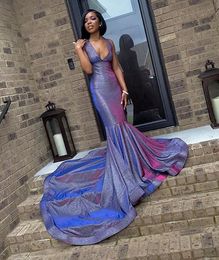 Sequined Black Girls Purple Mermaid Prom Long Deep V Neck Court Train Dresses Evening Wear Special Ocn Dress Vestidos De Fiesta estidos