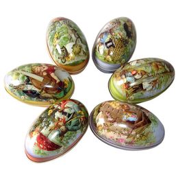 100pcs Tin Easter Eggs Shaped Candy Box Small Size Tinplate Case Easter Bunny Chick Printing Alloy Metal Trinket Party Favor SN986