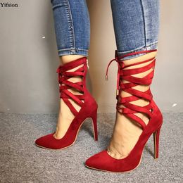 Rontic New Women Pumps Sexy Cross-Tied Thin High Heels Pumps Nice Pointed Toe Gorgeous Red Casual Shoes Women Plus US Size 5-15