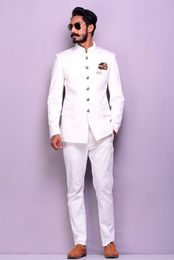 New Arrival Groomsmen Mandarin Lapel Groom Tuxedos White Men Suits Wedding/Prom/Dinner Best Man Blazer ( Jacket+Pants+Tie) G184