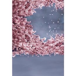 Digital Printed Pink Cherry Blossoms Vinyl Flower Wall Backdrop for Photography Falling Petals Retro Gray Photo Shoot Background